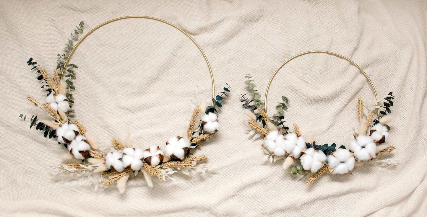 DRIED COTTON FLOWER BUNNY TAILS WHEAT EUCALYPTUS HOOP WREATH